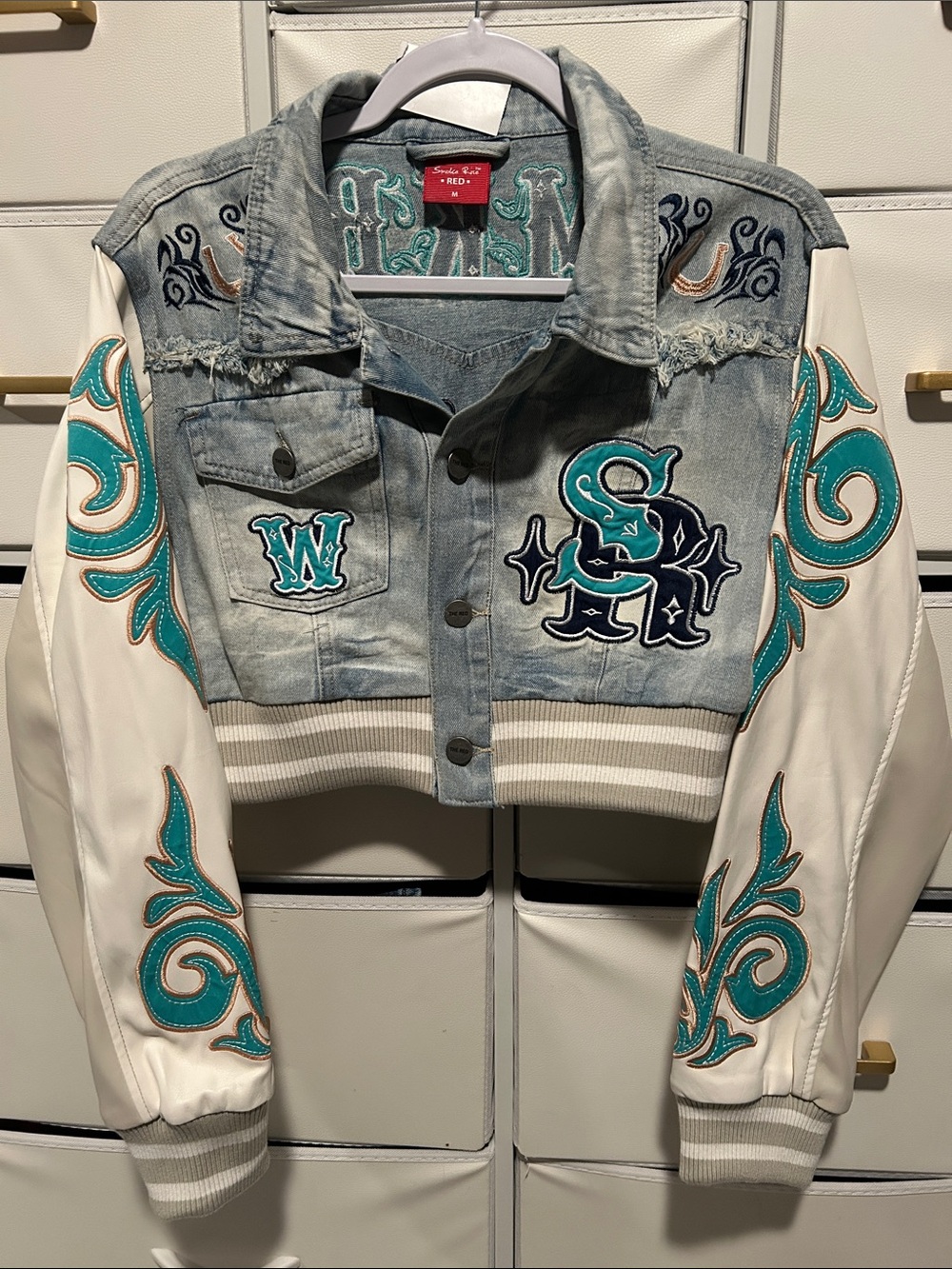 Smoke Rise Red-Denim & White Cropped Embroidered Jacket - Teal Accents